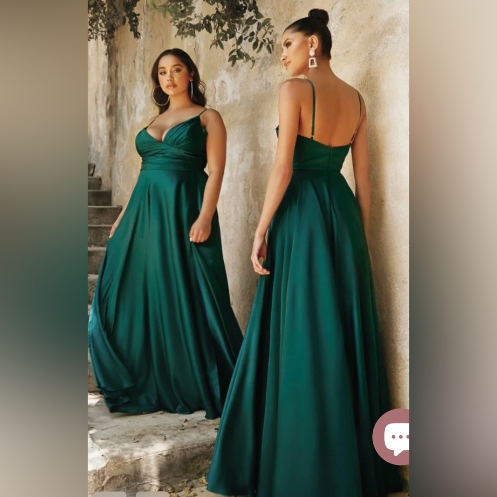 Emerald Deep-Green Satin Maxi Dress with V-Neck